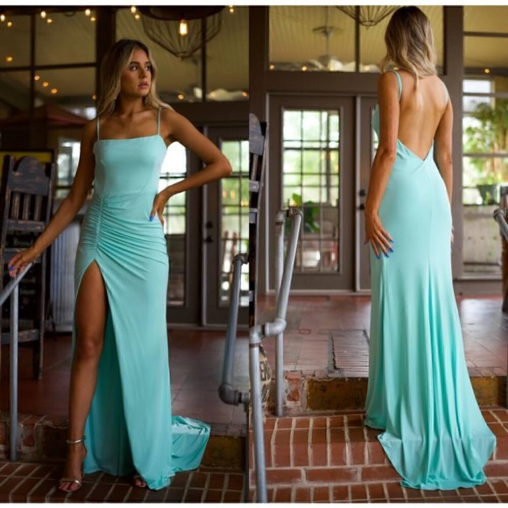 KATIE MAY Great Kate Ruched Gown in Supercharged Mint Size Medium